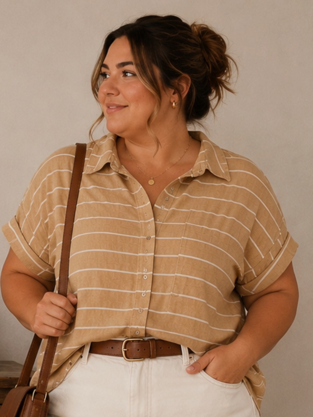 Torrid Women’s Button Front 100% Cotton Shirt Size 4 Plus Beige Striped Coastal